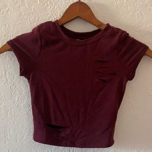 Red/Burgundy riped distress crop top